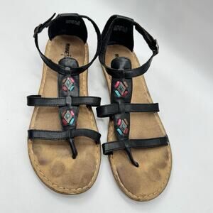 Minnetonka Gladiator Sandals 9 Black Leather Beaded Boho Strappy Flat Comfort